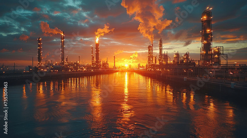 Big industrial oil tanks in a refinery base plant at sunset.