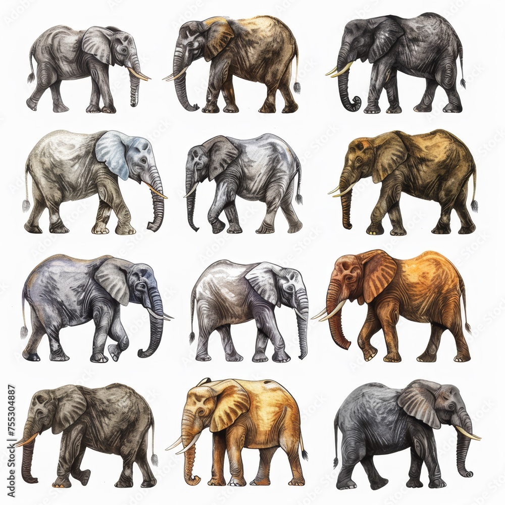 Fototapeta premium Clipart illustration with several elephants on a white background.