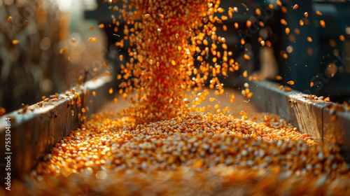 Close up of Pouring corn grain into tractor trailer after harvest.