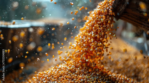 Close up of Pouring corn grain into tractor trailer after harvest.