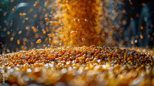 Close up of Pouring corn grain into tractor trailer after harvest.