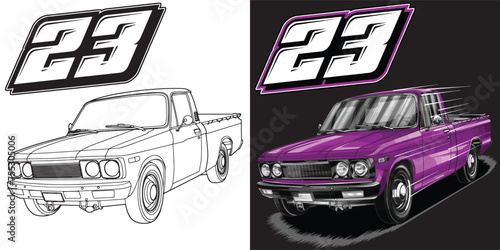 Outline and painted racing car. Isolated in black background, for t-shirt design, print, and for business purposes.