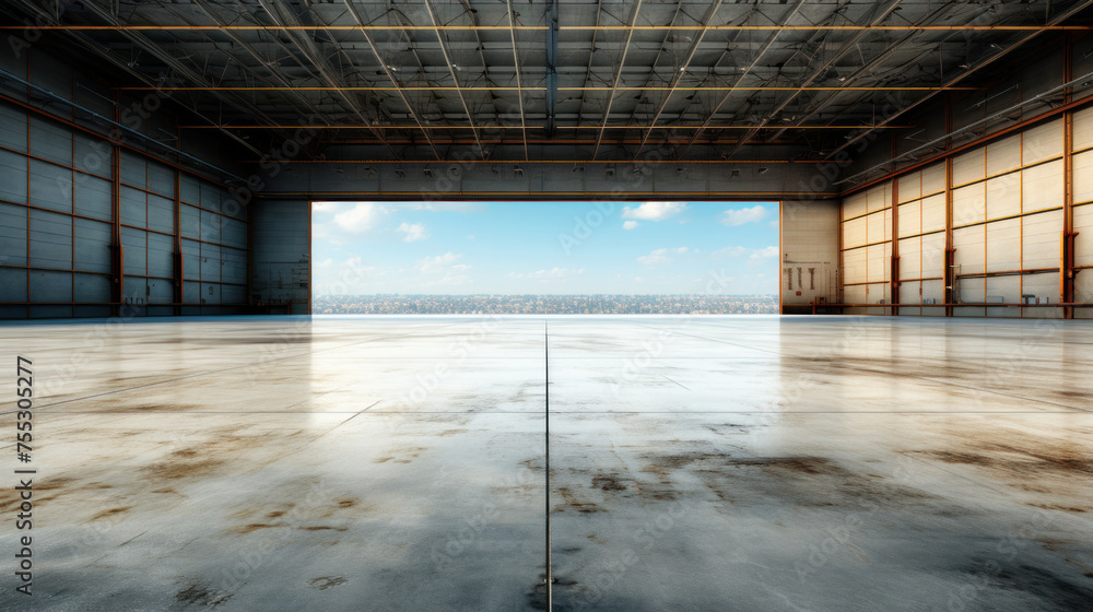 Empty of Hangar or industrial building. Protection with security door or roller shutter or overhead door. Interior design with concrete floor. Empty of Hangar or industrial building. Protection with security door or roller shutter or overhead door. Interior design with concrete floor.