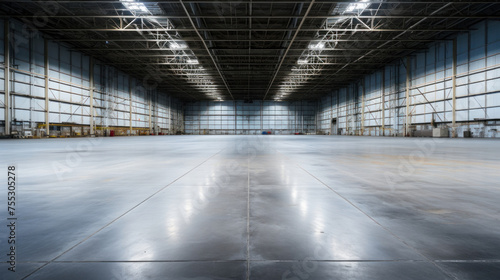 Empty of Hangar or industrial building. Protection with security door or roller shutter or overhead door. Interior design with concrete floor.