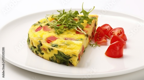 Indulge in Italian flavors: Frittata served with refreshing tomato salad, captured on a bright white background. 