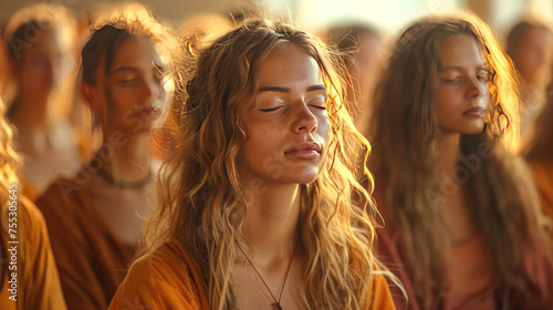 Group of women sitting with their eyes closed and practicing breathing exercises during a restorative yoga meditation class