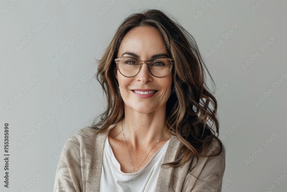 Fototapeta premium A successful business woman looks confident and smiles on white background