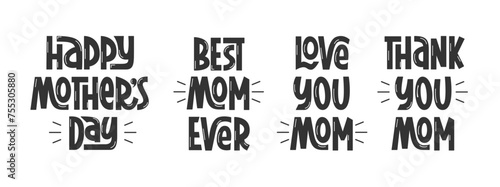 Happy Mothers Day Festive Phrases Collection. Vector Hand Lettering Set. Congratulation for Mother. Hand Written Text Quote Isolated on White.