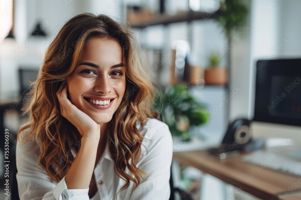 Smiling woman sitting at her desk in office. Happy business woman sitting in office