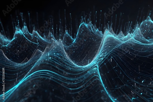 Sound Wave Vizualisation concept. Music audio frequencies represented as High Tech Futuristic Particle Waves. Abstract background. 3D render  Generative AI photo