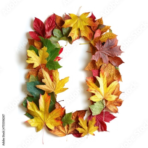 Autumn Leaves Arranged in a Spiraling Number ZERO on White Background