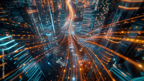 A city with bright blue and orange city lights. The speed of light. The background theme is digital technology, the spread of information, the speed of modern development. Created with Generative AI. photo