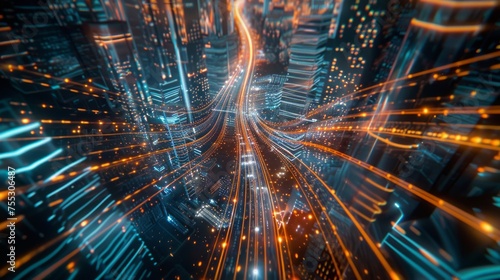 Wallpaper Mural A city with bright blue and orange city lights. The speed of light. The background theme is digital technology, the spread of information, the speed of modern development. Created with Generative AI. Torontodigital.ca