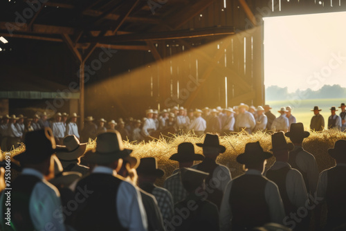 Rustic Barn Gathering with Community Members Backlit by Warm Evening Light