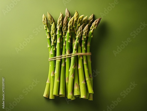 Bunch of Fresh Asparagus Tied on Green Background. Generative AI