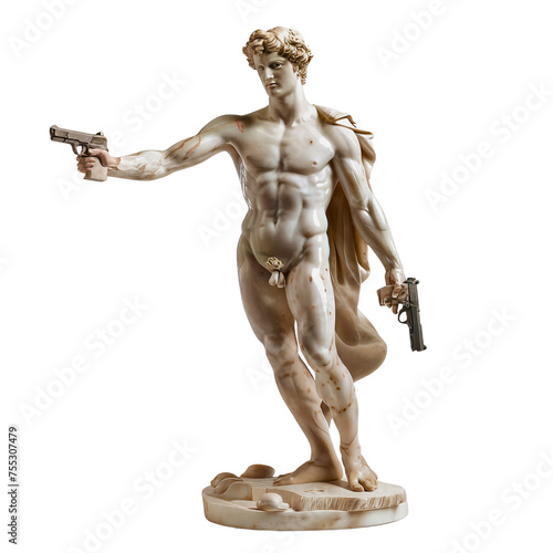 Marble Statue Holding A Gun, White Background, Roman With Gun, Roman Statue With Gun, Roman Statue Holding A Sub-Gun