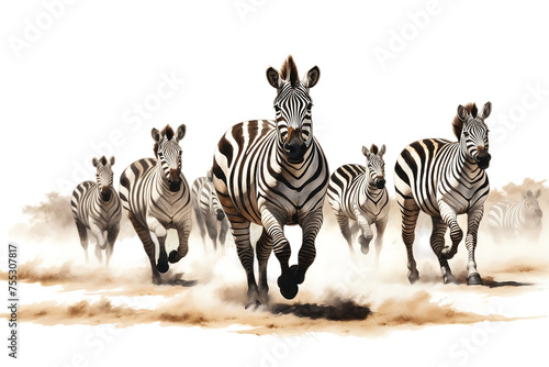 Stunning scene of zebras running in perfect harmony across the open savannah. realistic portrait isolated on PNG