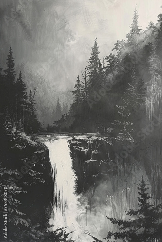 A monotone painting of waterfall