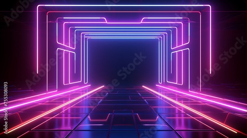 Abstract neon light geometric background. Glowing neon lines. Empty futuristic stage laser. Colorful rectangular laser lines. Square tunnel. Night club empty room. Laser show design