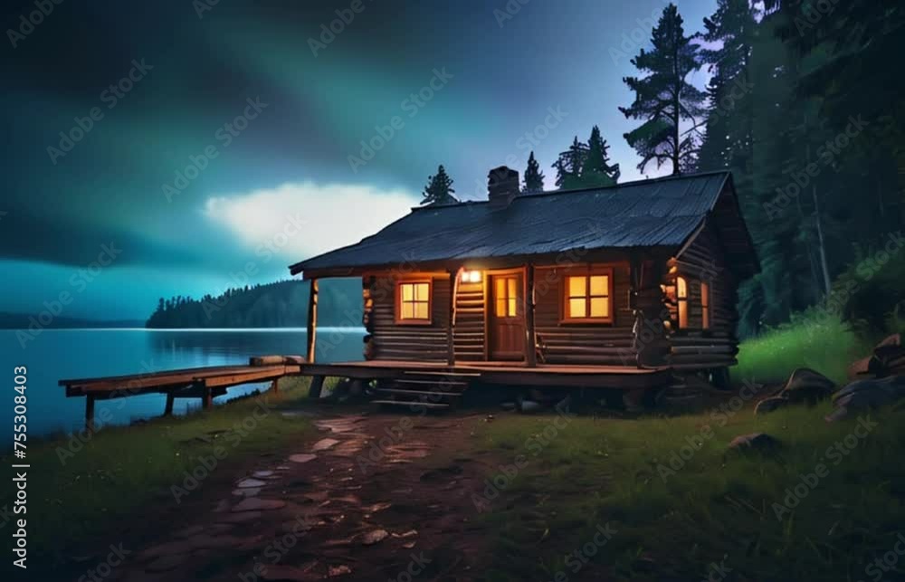house on the lake with forest and mysterious aurora cloud in the sky generative AI house on the lake with forest and mysterious aurora cloud in the sky generative AI