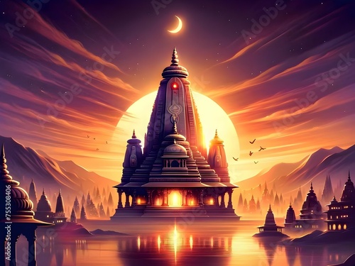 Traditional Indian Temple on Serene Sunset Backdrop generative AI
