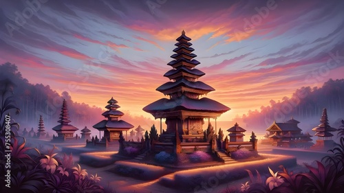 Balinese Temples at Sunset Tranquil Illustration generative AI