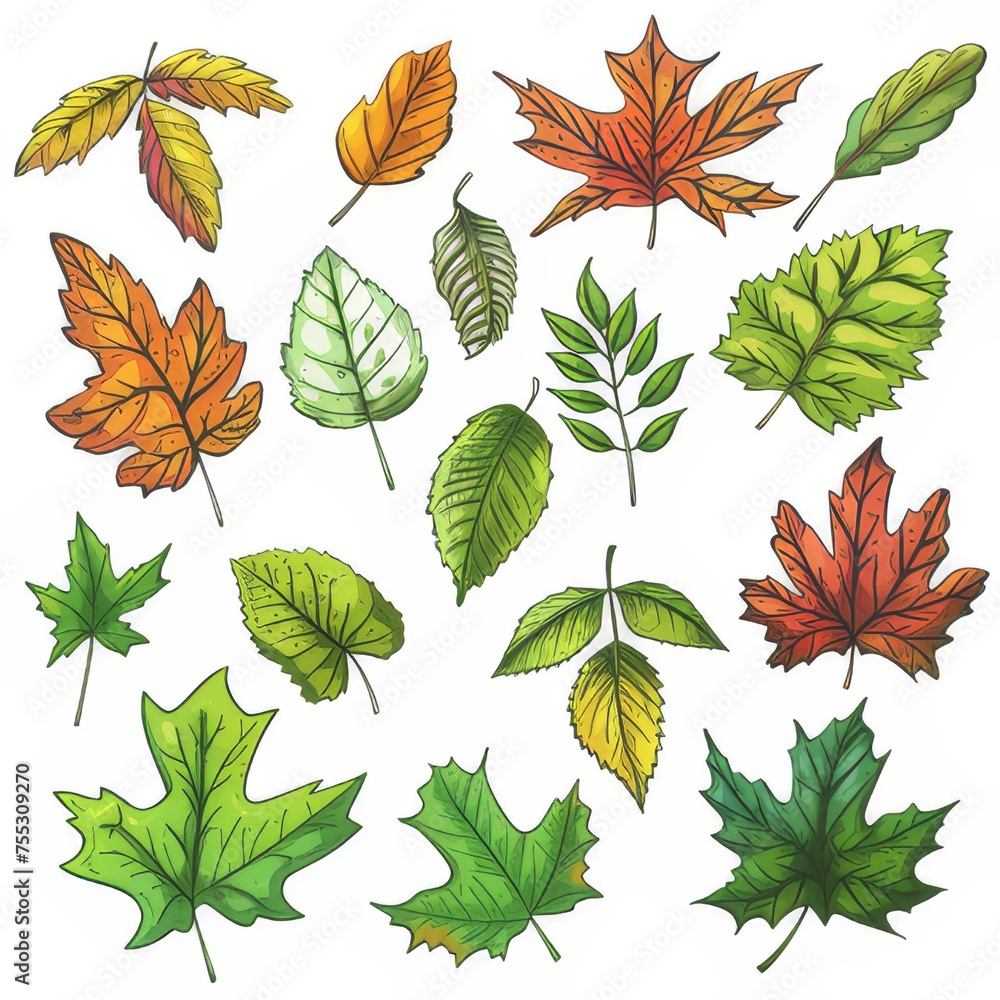Fototapeta premium Clipart illustration with various leaves. on a white background