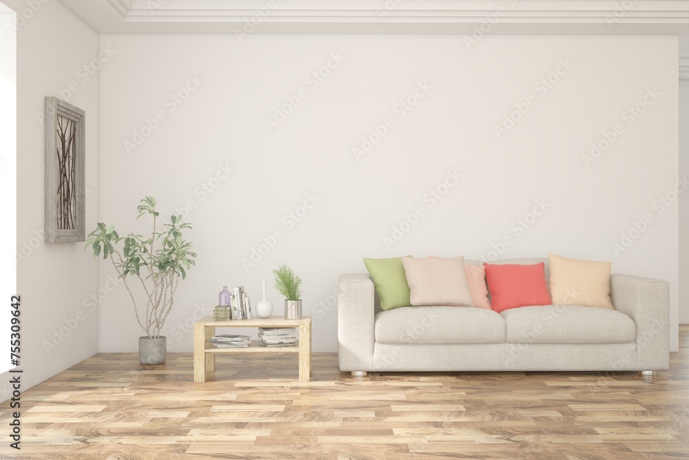 Fototapeta premium Modern minimalist interior with sofa on empty white color wall background. Interior mockup. Scandinavian interior design. 3D illustration