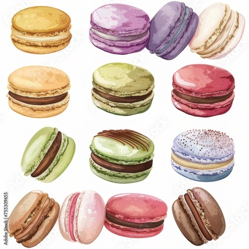 Clipart illustration with colorful macarons on a white background.