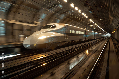 A bullet train moving at high speed inside a tunnel