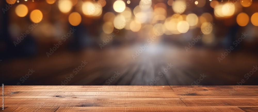 The main focus of the image is an empty brown wooden table, with blurry lights in the background resembling a coffee shop setting. The table is perfect for product display montages.