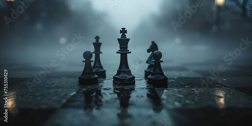 View of chess pieces with dramatic and mystical background, The Battle of Chess Glory