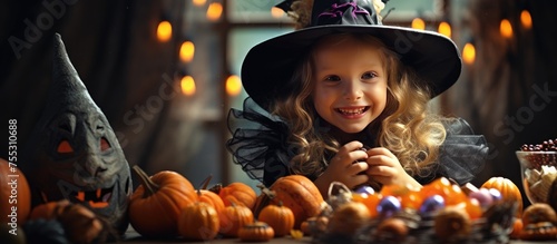 A young girl, dressed in a witch costume with a hat, sits by a table overflowing with pumpkins. She looks happy and excited, perhaps preparing for Halloween festivities.