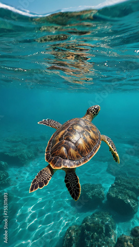 a turtle swims in the ocean of clear, turquoise water