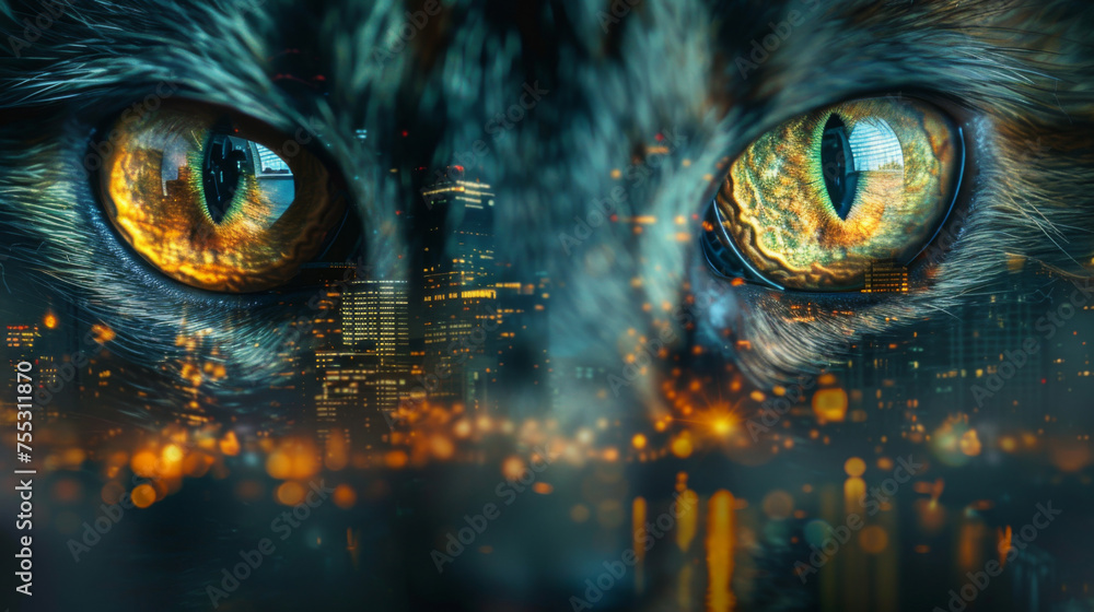 A captivating close-up of a cat's eyes superimposed with a glittering night cityscape, illustrating a sharp contrast between nature and urban life. A captivating close-up of a cat's eyes superimposed with a glittering night cityscape, illustrating a sharp contrast between nature and urban life.