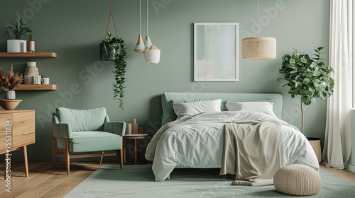 A tranquil bedroom in shades of seafoam green, adorned with minimalist furniture pieces in contrasting colors for visual interest. photo