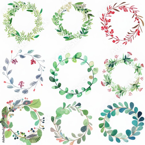 Clipart illustration with various wreaths on a white background