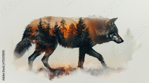 An artistic double exposure image blending a wolf with a misty forest at sunset, symbolizing wilderness and natural beauty.
