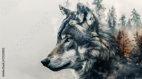 Artistic double exposure image blending a detailed wolf profile with a serene forest landscape, symbolizing wilderness and nature.
