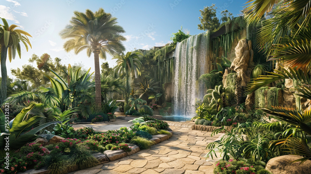 A tranquil garden oasis in the desert, with lush greenery and cascading waterfalls set against a backdrop of warm sandy tones and deep azure skies.