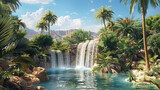 A tranquil garden oasis in the desert, with lush greenery and cascading waterfalls set against a backdrop of warm sandy tones and deep azure skies.