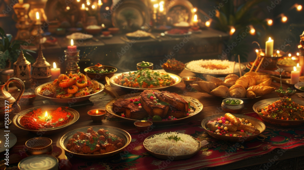 Delicious feasts are prepared and shared featuring traditional dishes that are a staple of the Diwali celebration.