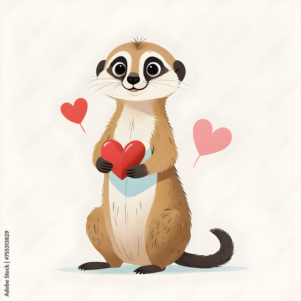 Fototapeta premium Funny Meerkat holding a Heart for kids story books