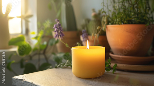 A tranquil yellow candle placed on a clean, uncluttered surface, evoking a sense of calm and simplicity.