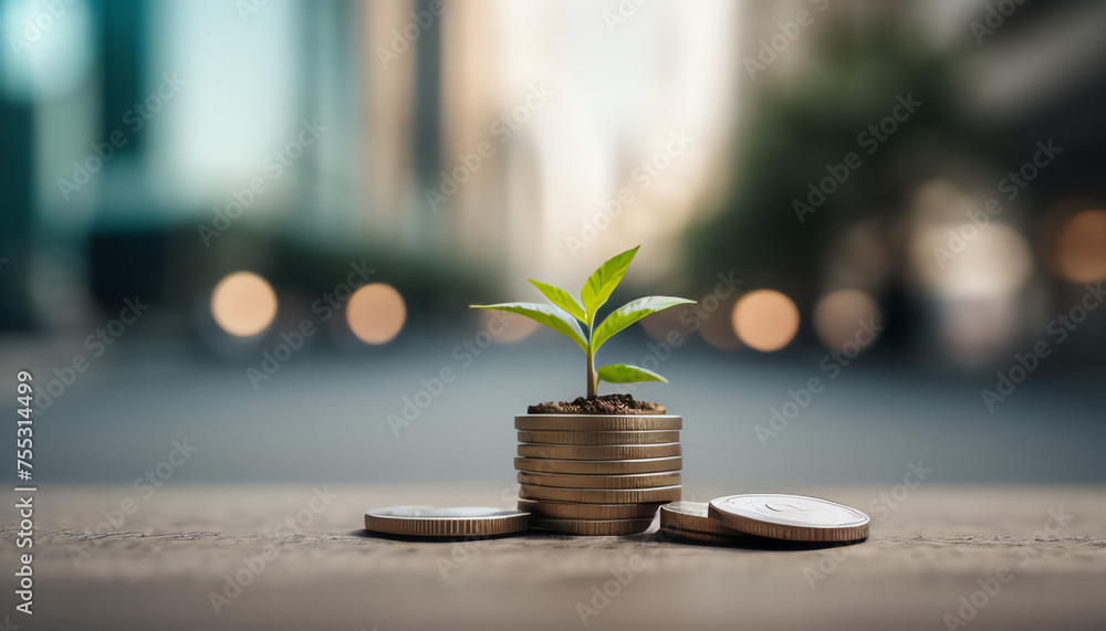 little green tree growing from coins and beautiful blur city background. investment concept. little green tree growing from coins and beautiful blur city background. investment concept.