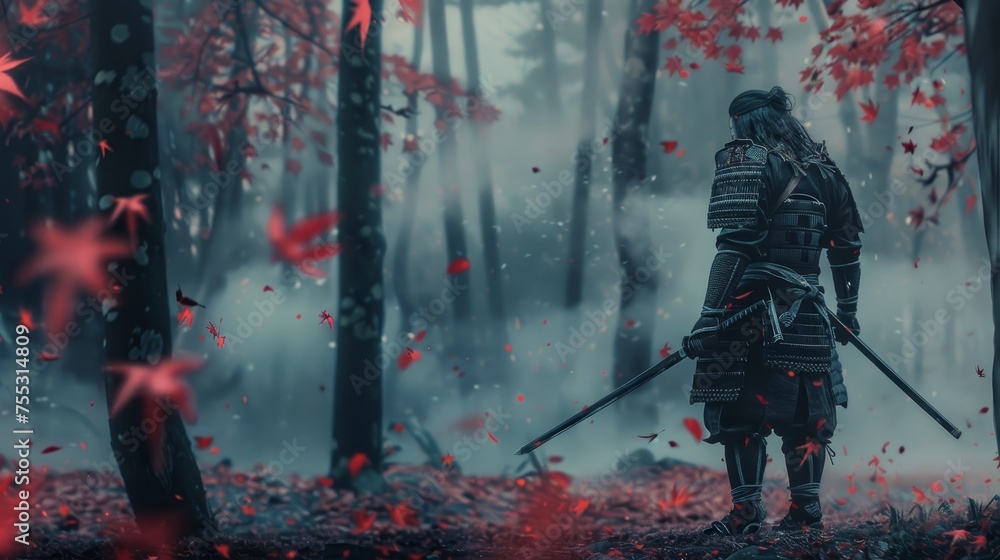 a epic samurai with a weapon sword standing in a foggy japanese forest. asian culture. pc desktop wallpaper background 16:9 - obrazy, fototapety, plakaty 