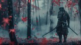 a epic samurai with a weapon sword standing in a foggy japanese forest. asian culture. pc desktop wallpaper background 16:9