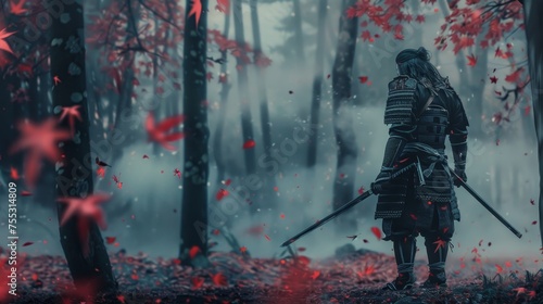 a epic samurai with a weapon sword standing in a foggy japanese forest. asian culture. pc desktop wallpaper background 16:9 photo