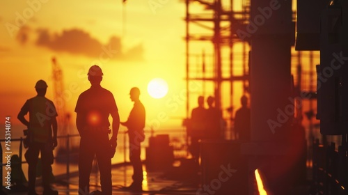 Silhouette of engineer and construction team working at site over blurred background sunset pastel for industry background with Light fair. © Jeerawut