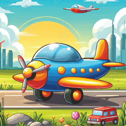 Free vector colorful cartoon airplane on ground